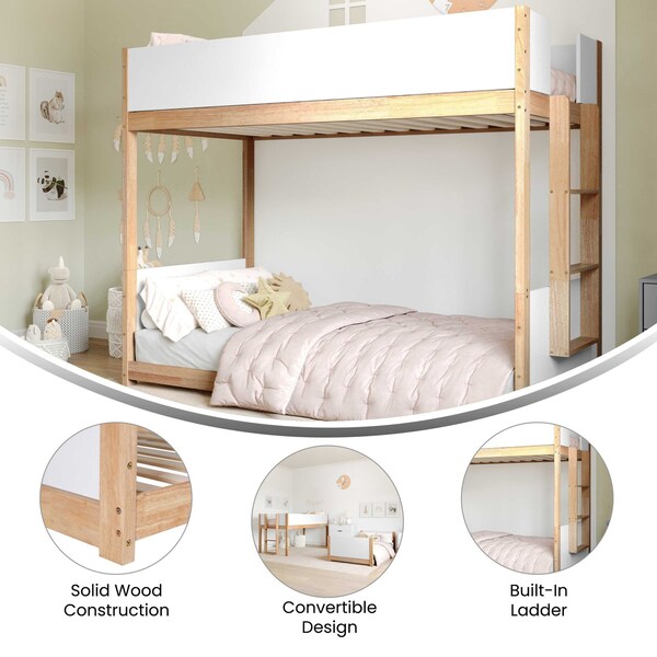 Flash Furniture Dallas Bunk Bed Twin Over Twin, Convertible Solid Wood Bunk Bed Frame w/Ladder, White/Natural - MG-0900-30-TTB-WHNAT-GG