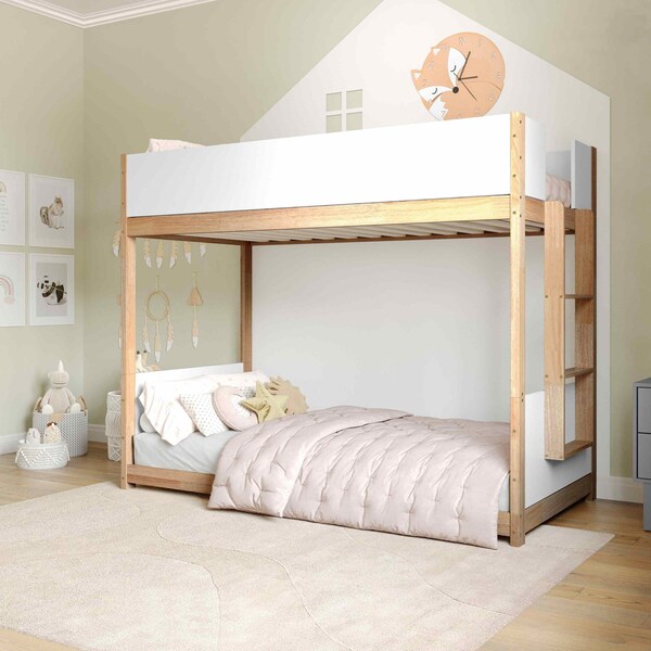 Flash Furniture Dallas Bunk Bed Twin Over Twin, Convertible Solid Wood Bunk Bed Frame w/Ladder, White/Natural - MG-0900-30-TTB-WHNAT-GG