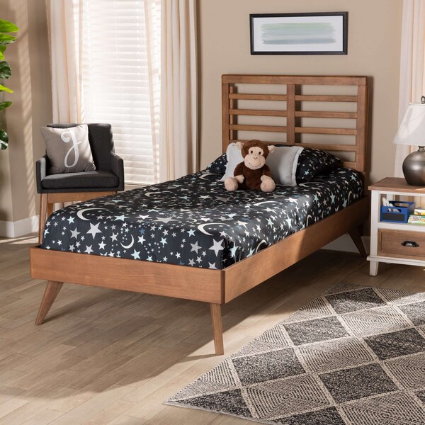 Baxton Studio Eris Mid-Century Modern Walnut Brown Finished Wood Twin Size Platform Bed - 188-11161-11159-ZORO