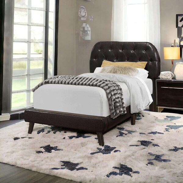 Homeroots 45.25 in. Brown Solid WoodMDFFoam & Linen Twin Sized Bed with Wood Legs - 333328