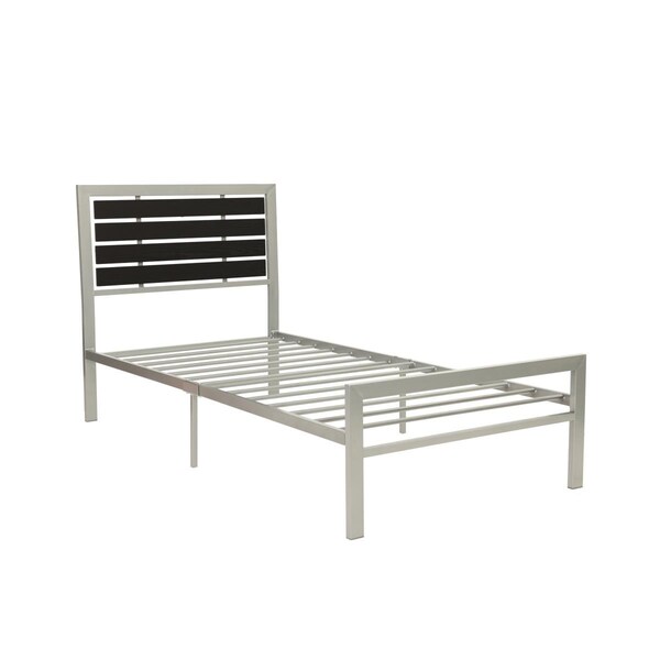 Poundex Twin Metal Bed Frame with Slats in Silver with Black Wooden Panels - F9412T
