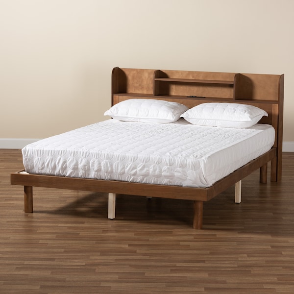 Baxton Studio Harper MidCentury  Walnut Brown Finished Wood Full Size Platform Bed with Charging Station - 218-11885-ZORO