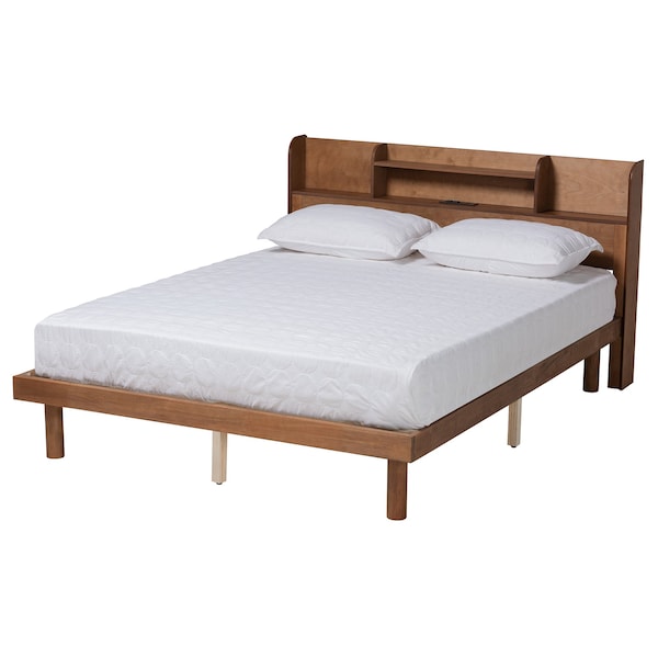 Baxton Studio Harper MidCentury  Walnut Brown Finished Wood Full Size Platform Bed with Charging Station - 218-11885-ZORO