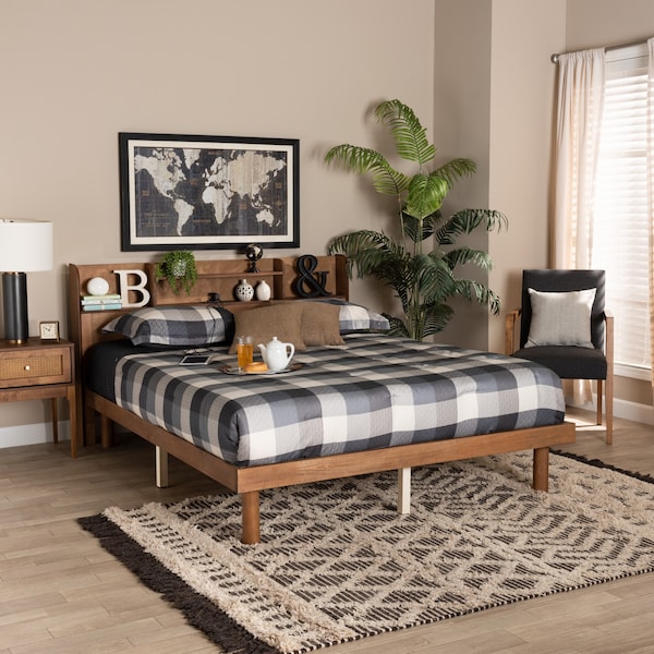 Baxton Studio Harper MidCentury  Walnut Brown Finished Wood Full Size Platform Bed with Charging Station - 218-11885-ZORO