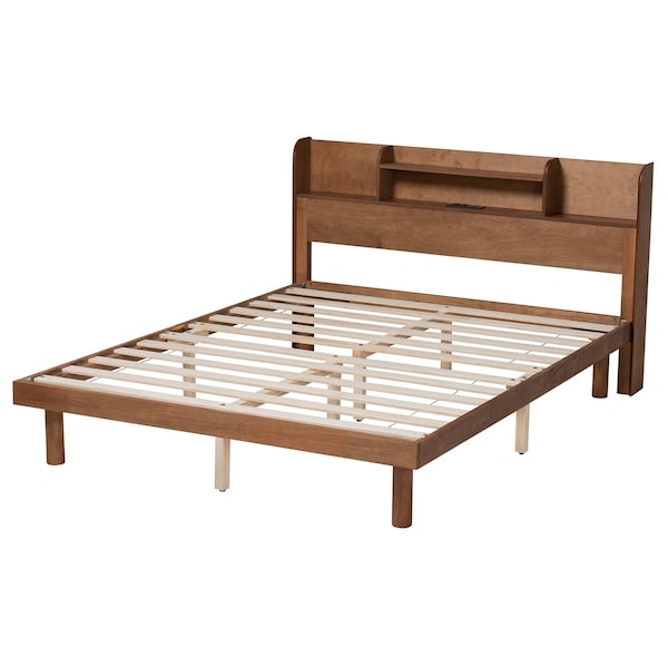 Baxton Studio Harper MidCentury  Walnut Brown Finished Wood Full Size Platform Bed with Charging Station - 218-11885-ZORO