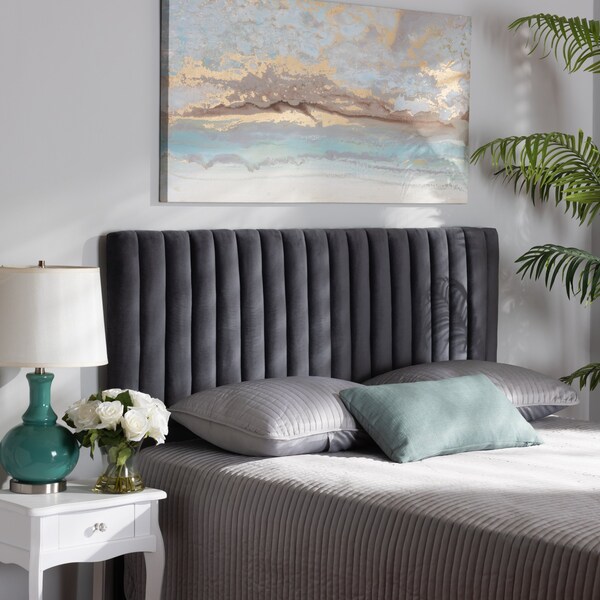 Baxton Studio Emile ModernGrey Velvet Upholstered and Dark Brown Finished Wood Headboard-Queen - 200-12405-ZORO