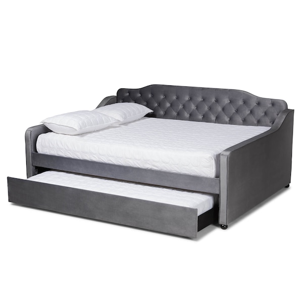 Baxton Studio Freda Grey Velvet and Button Tufted Full Size Daybed with Trundle - 164-10409