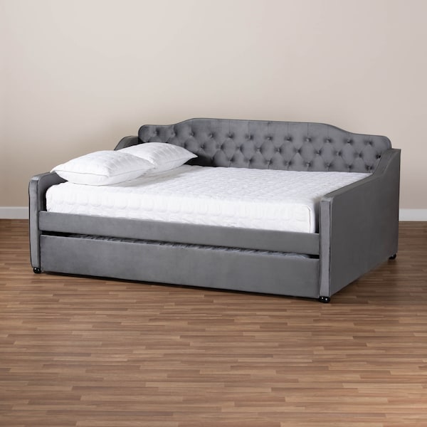 Baxton Studio Freda Grey Velvet and Button Tufted Full Size Daybed with Trundle - 164-10409