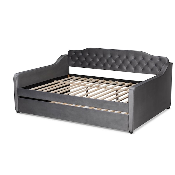 Baxton Studio Freda Grey Velvet and Button Tufted Full Size Daybed with Trundle - 164-10409