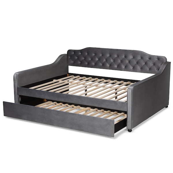 Baxton Studio Freda Grey Velvet and Button Tufted Full Size Daybed with Trundle - 164-10409