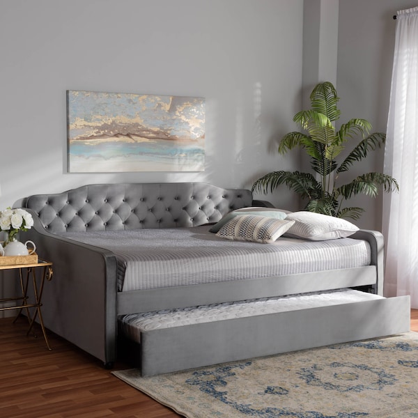 Baxton Studio Freda Grey Velvet and Button Tufted Full Size Daybed with Trundle - 164-10409
