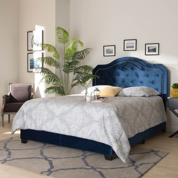Baxton Studio Samantha Navy Blue Velvet Upholstered Queen Size Button Tufted Bed - 160-9839
