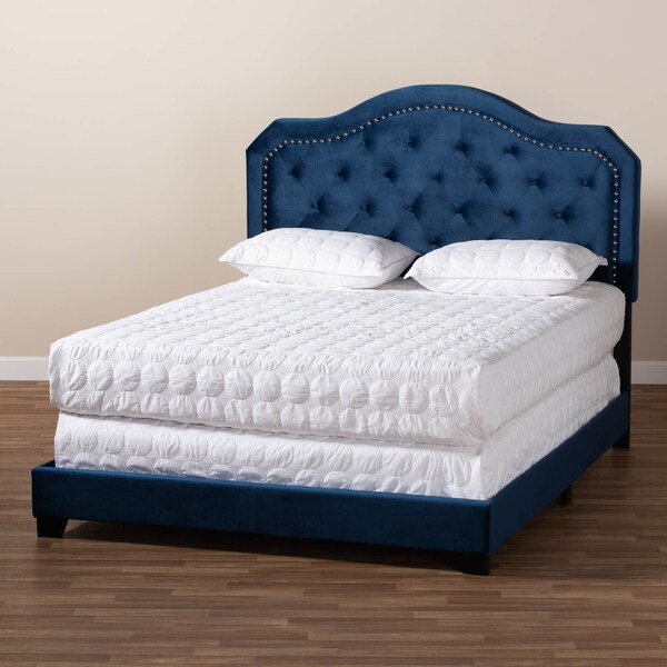 Baxton Studio Samantha Navy Blue Velvet Upholstered Queen Size Button Tufted Bed - 160-9839