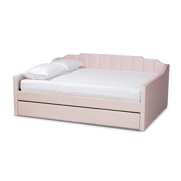 Baxton Studio Lennon Modern Pink Velvet Fabric Upholstered Queen Size Daybed with Trundle - 186-11474-ZORO