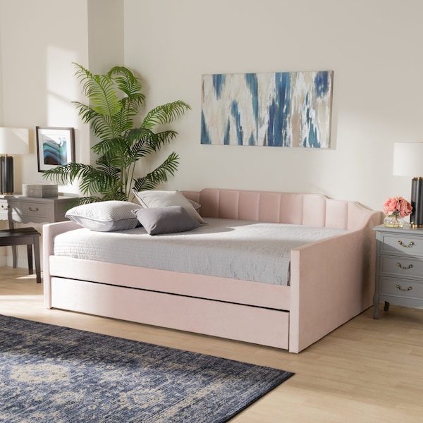 Baxton Studio Lennon Modern Pink Velvet Fabric Upholstered Queen Size Daybed with Trundle - 186-11474-ZORO
