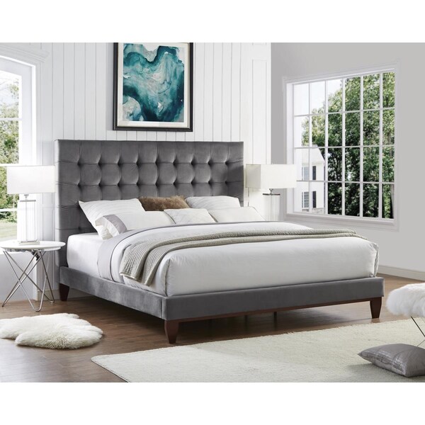 Posh Living Blake Velvet Button Tufted Platform Bed King Size - Grey - BD24-02GRK-UE
