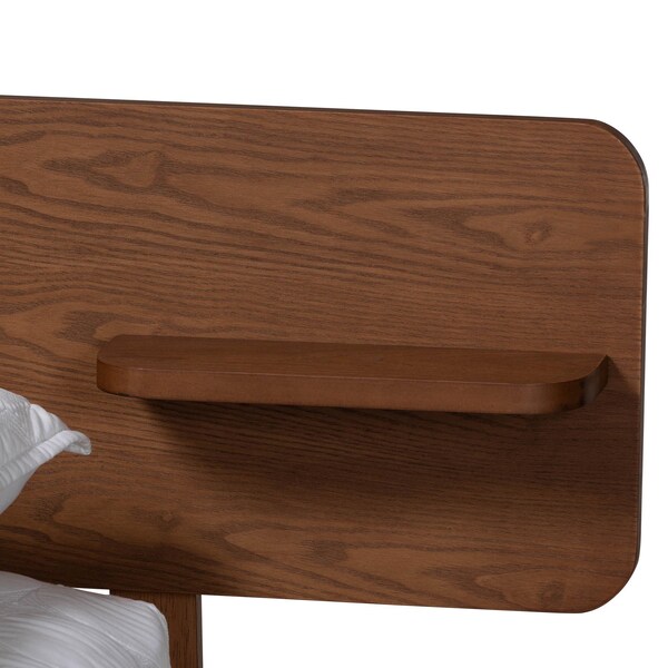 Baxton Studio Morana Mid-Century Modern Walnut Brown Finished Wood Queen Size Platform Bed with Built-in Shelf - 243-13439-ZORO