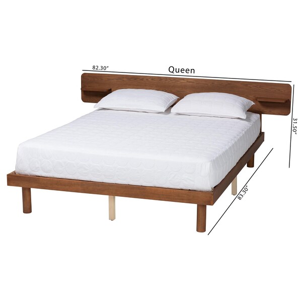 Baxton Studio Morana Mid-Century Modern Walnut Brown Finished Wood Queen Size Platform Bed with Built-in Shelf - 243-13439-ZORO