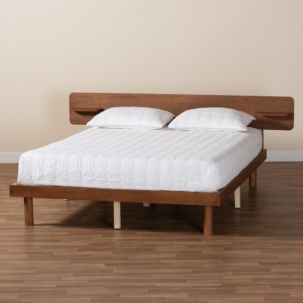 Baxton Studio Morana Mid-Century Modern Walnut Brown Finished Wood Queen Size Platform Bed with Built-in Shelf - 243-13439-ZORO