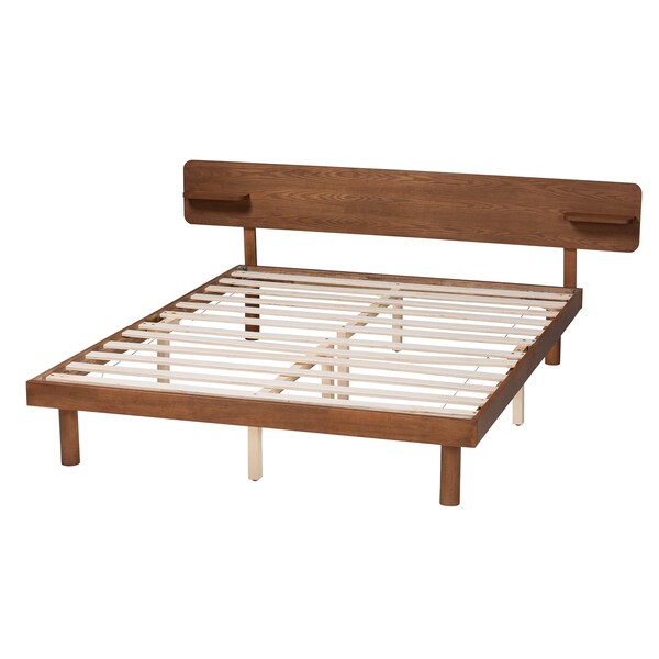 Baxton Studio Morana Mid-Century Modern Walnut Brown Finished Wood Queen Size Platform Bed with Built-in Shelf - 243-13439-ZORO