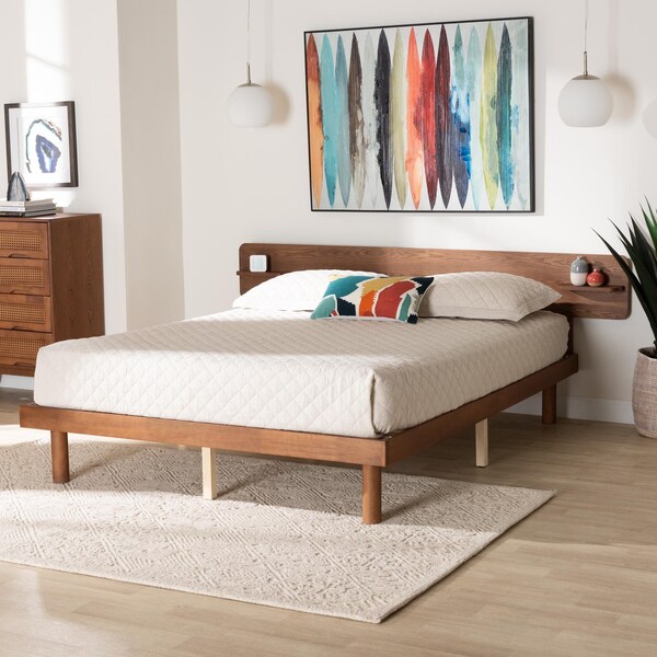 Baxton Studio Morana Mid-Century Modern Walnut Brown Finished Wood Queen Size Platform Bed with Built-in Shelf - 243-13439-ZORO