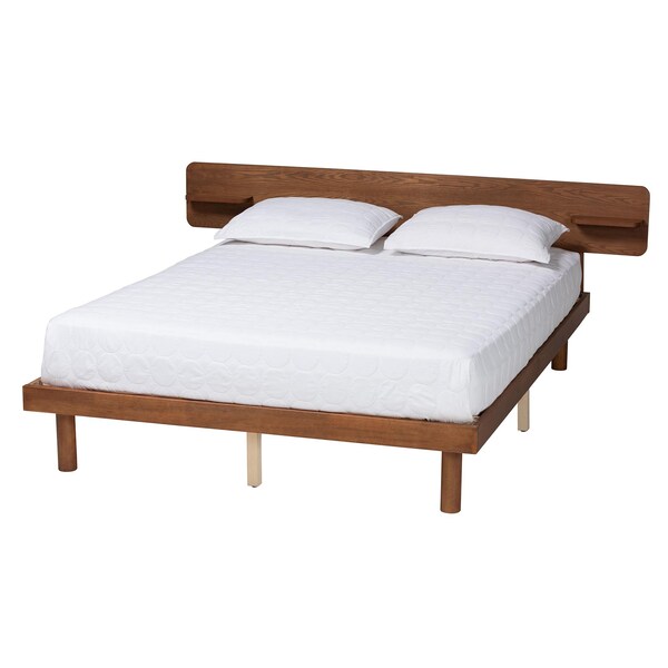 Baxton Studio Morana Mid-Century Modern Walnut Brown Finished Wood Queen Size Platform Bed with Built-in Shelf - 243-13439-ZORO