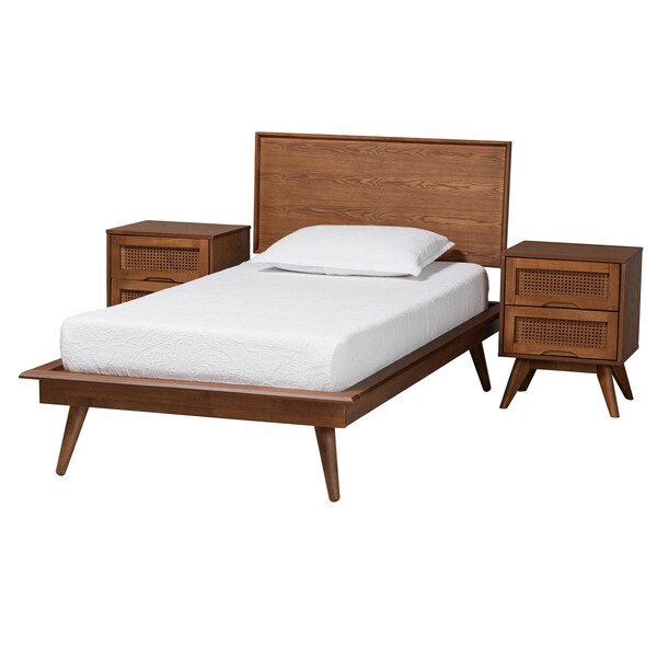 Baxton Studio Melora Mid-Century Modern Walnut Brown Finished Wood and Rattan Twin Size 3-Piece Bedroom Set - 241-11178-11179-11298-ZORO
