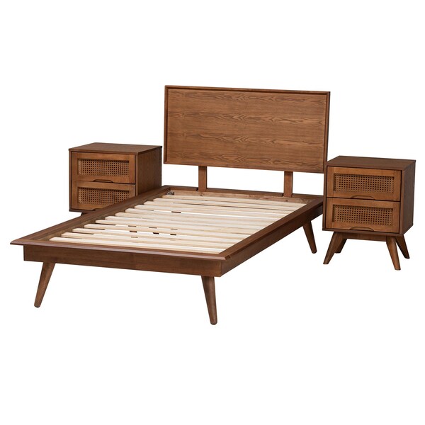 Baxton Studio Melora Mid-Century Modern Walnut Brown Finished Wood and Rattan Twin Size 3-Piece Bedroom Set - 241-11178-11179-11298-ZORO