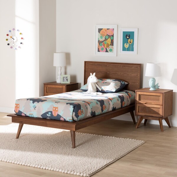 Baxton Studio Melora Mid-Century Modern Walnut Brown Finished Wood and Rattan Twin Size 3-Piece Bedroom Set - 241-11178-11179-11298-ZORO