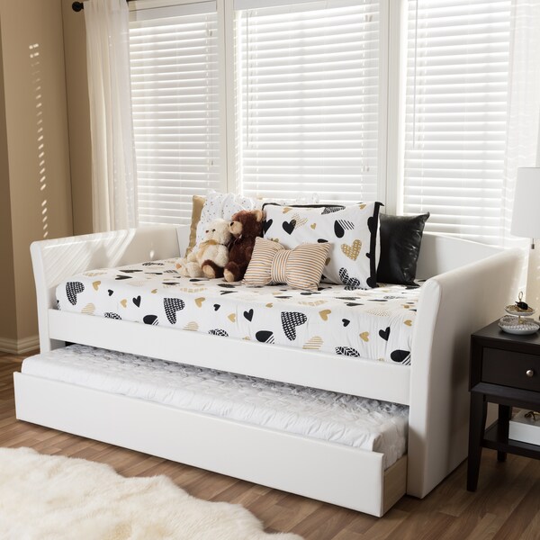 Baxton Studio Camino White Faux Leather Upholstered Daybed with Guest Trundle Bed - 131-7307