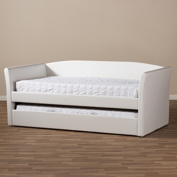 Baxton Studio Camino White Faux Leather Upholstered Daybed with Guest Trundle Bed - 131-7307