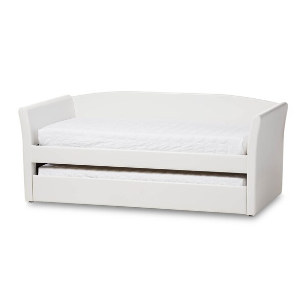 Baxton Studio Camino White Faux Leather Upholstered Daybed with Guest Trundle Bed - 131-7307