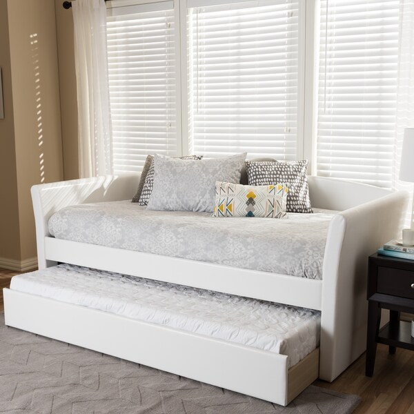 Baxton Studio Camino White Faux Leather Upholstered Daybed with Guest Trundle Bed - 131-7307