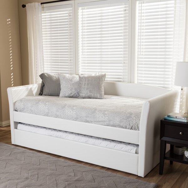 Baxton Studio Camino White Faux Leather Upholstered Daybed with Guest Trundle Bed - 131-7307