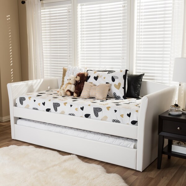 Baxton Studio Camino White Faux Leather Upholstered Daybed with Guest Trundle Bed - 131-7307