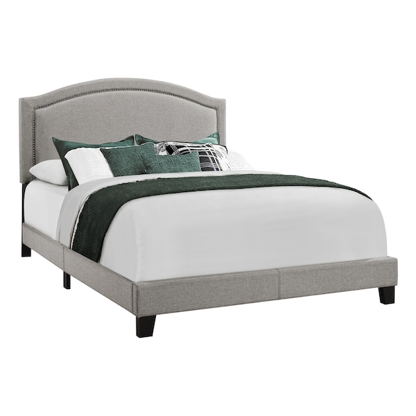 Monarch Specialties Bed, Queen Size, Platform, Bedroom, Frame, Upholstered, Linen Look, Wood Legs, Grey, Chrome - I 5936Q