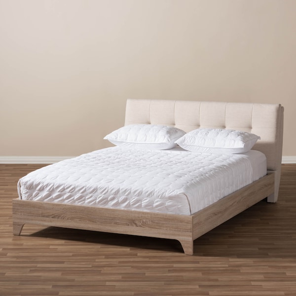 Baxton Studio Adelia Mid-Century Light Beige Whitewash Queen Size Platform Bed - 135-7426