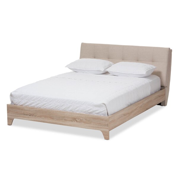 Baxton Studio Adelia Mid-Century Light Beige Whitewash Queen Size Platform Bed - 135-7426