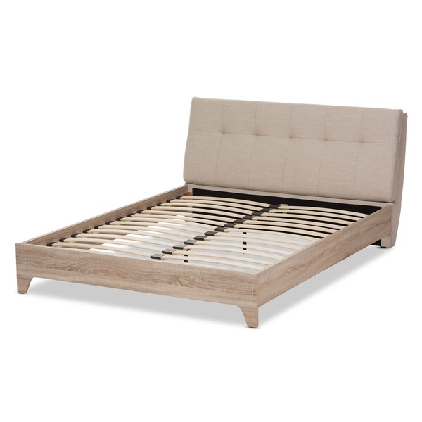 Baxton Studio Adelia Mid-Century Light Beige Whitewash Queen Size Platform Bed - 135-7426