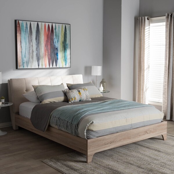 Baxton Studio Adelia Mid-Century Light Beige Whitewash Queen Size Platform Bed - 135-7426