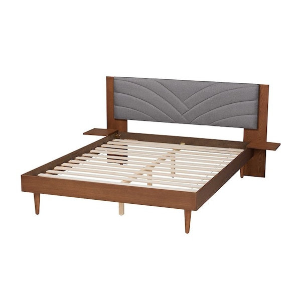 Baxton Studio Hemera Mid-Century Modern Grey Fabric and Wood King Size Platform Bed With Floating Side Table - 246-13551-ZORO