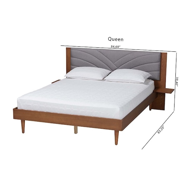 Baxton Studio Hemera Mid-Century Modern Grey Fabric and Wood King Size Platform Bed With Floating Side Table - 246-13551-ZORO