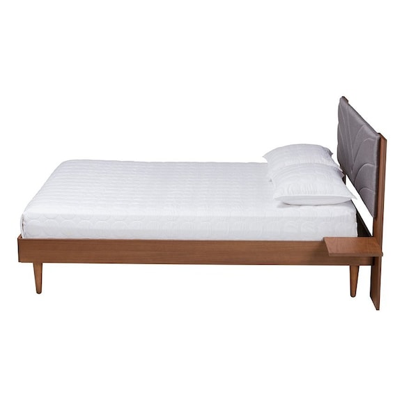 Baxton Studio Hemera Mid-Century Modern Grey Fabric and Wood King Size Platform Bed With Floating Side Table - 246-13551-ZORO