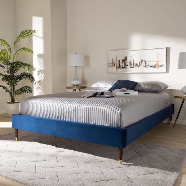Baxton Studio Volden Blue Velvet Upholstered Full Size Wood Platform Bed Frame - 155-9465