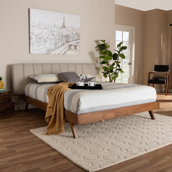 Baxton Studio Brita Beige Upholstered Walnut Finished Wood Queen Size Bed - 157-9565