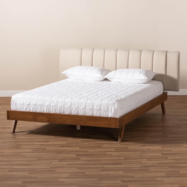 Baxton Studio Brita Beige Upholstered Walnut Finished Wood Queen Size Bed - 157-9565