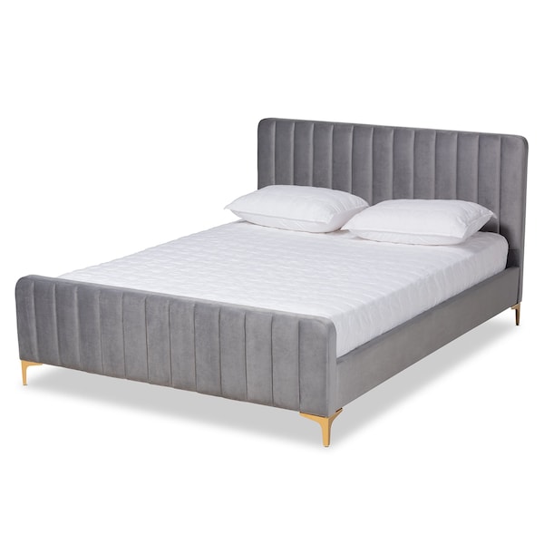 Baxton Studio Nami Modern Glam and Luxe Light Grey Velvet Fabric and Gold Finished King Size Platform Bed - 174-11183-ZORO