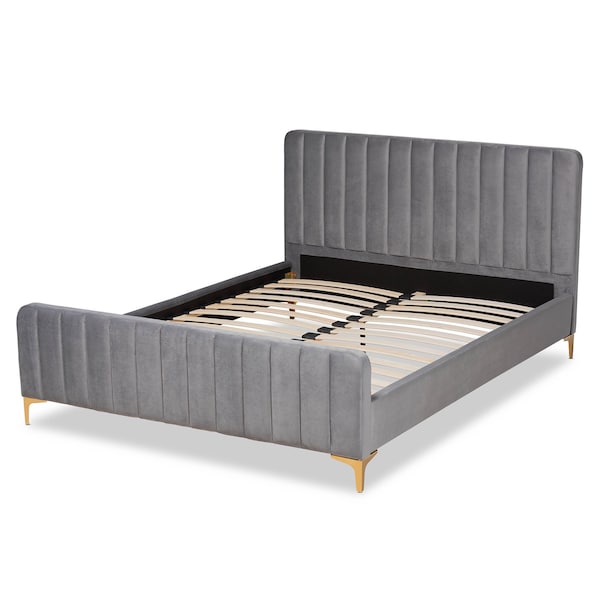 Baxton Studio Nami Modern Glam and Luxe Light Grey Velvet Fabric and Gold Finished King Size Platform Bed - 174-11183-ZORO