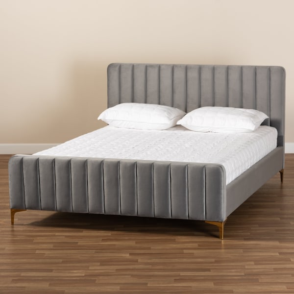 Baxton Studio Nami Modern Glam and Luxe Light Grey Velvet Fabric and Gold Finished King Size Platform Bed - 174-11183-ZORO