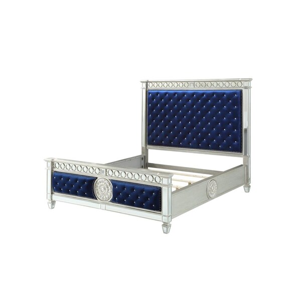Homeroots 68 x 90 x 72 in. Blue Velvet Wood Mirror Upholstered HB-FB Queen Bed - 347076